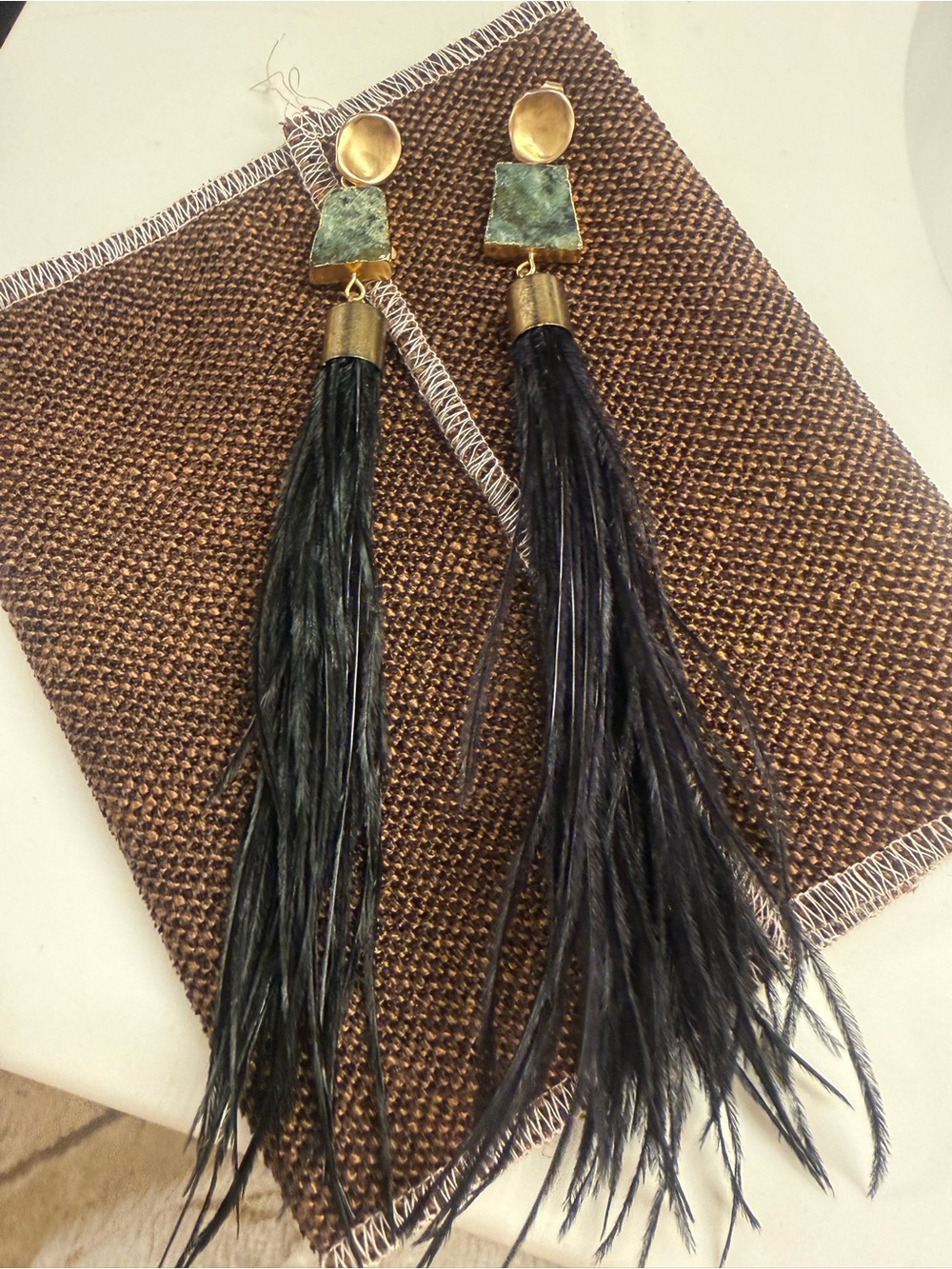Handmade Black Feather Tassel Drop Earrings with Gold Accents
